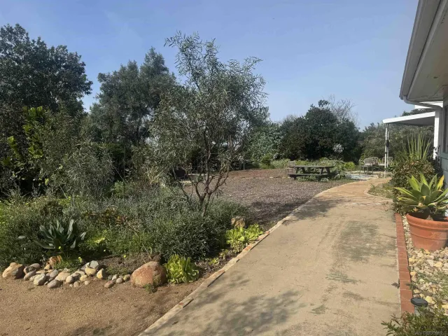a view of backyard with swimming pool and outdoor seating