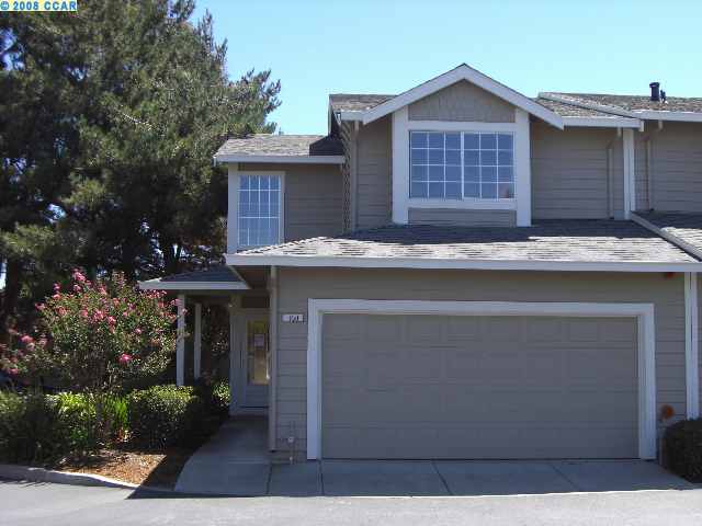 a view of a house with a yard and potted plants