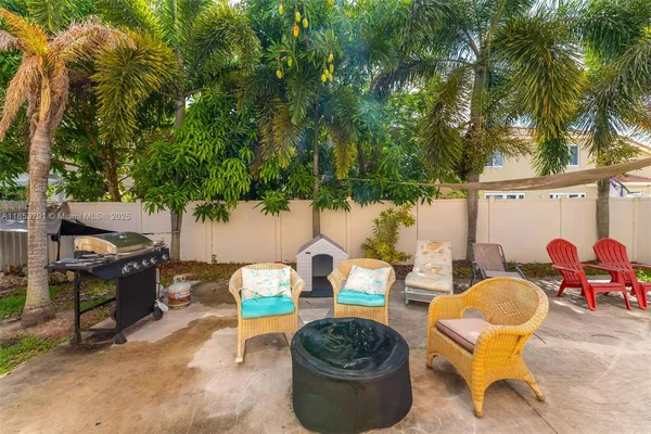 a view of a house with backyard and sitting area