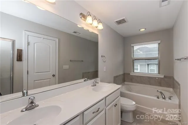 a bathroom with a double vanity sink a toilet and bathtub