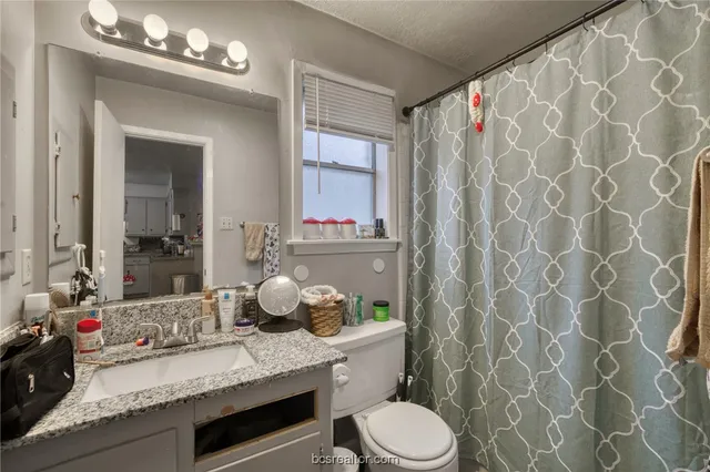 a bathroom with a granite countertop sink a toilet and shower curtain