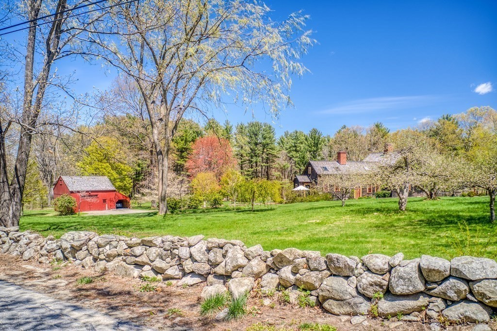 a view of a garden with a building in the background