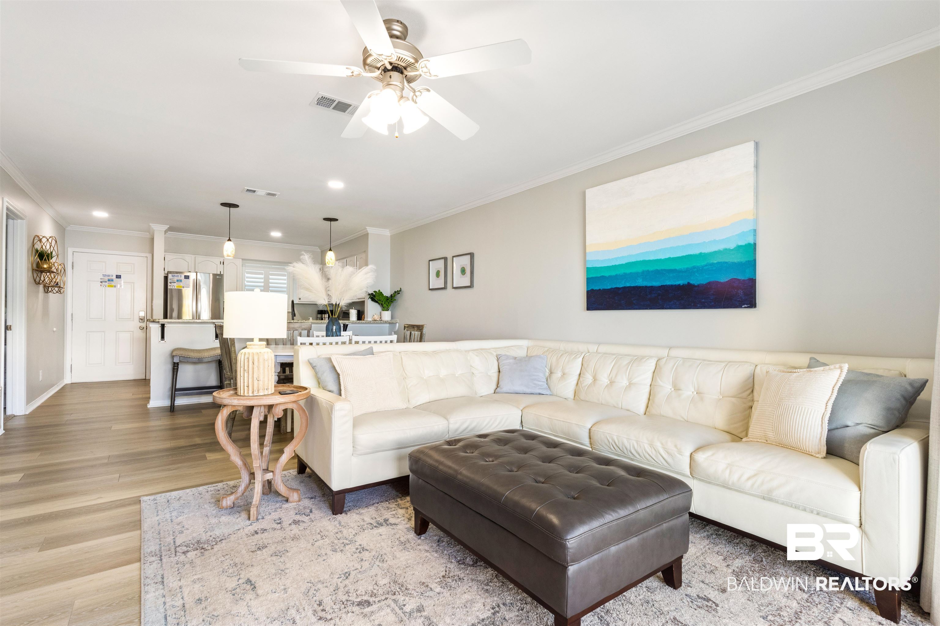 25861 Canal Road, Unit 3 Orange Beach, AL 36561 - Photo 11 of 40 Living room featuring ornamental molding, wood finished floors, ceiling fan, and recessed lighting