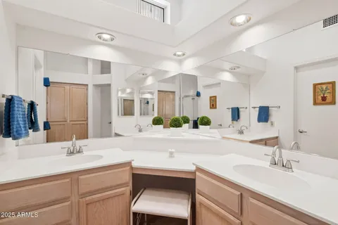 a bathroom with a double vanity sink a mirror a shower and vanity