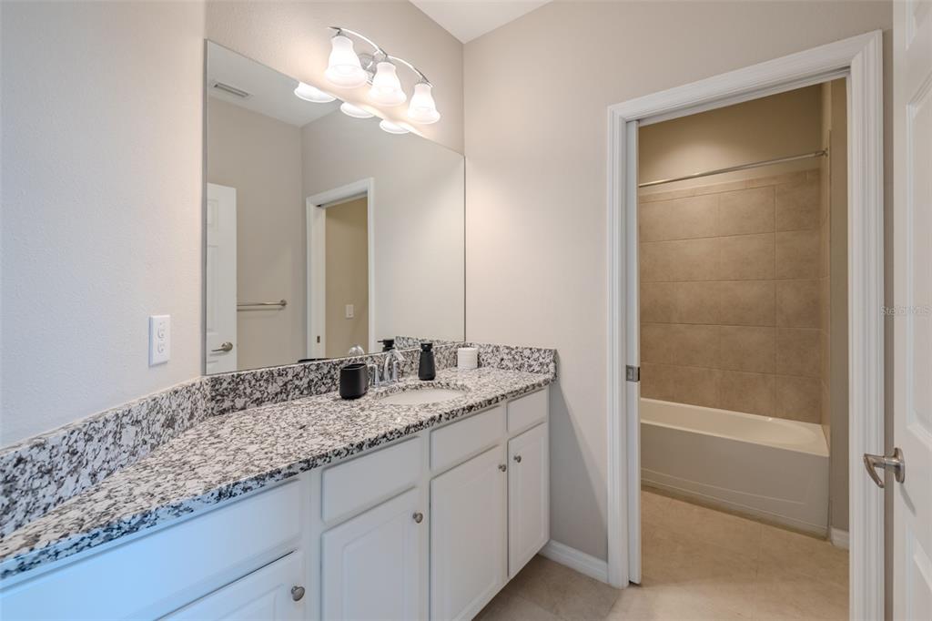 4730 Wandering Way Wesley Chapel, FL 33544 - Photo 36 of 61 a bathroom with a granite countertop sink a mirror and a shower