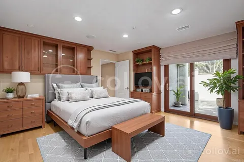 a bedroom with a large bed and a potted plant