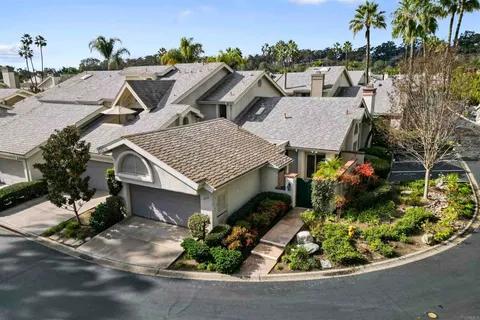 an aerial view of a house with a yard and potted plants