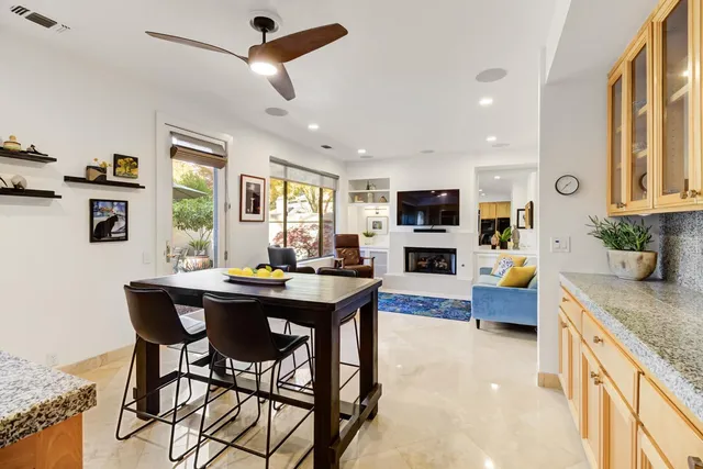 a view of a dining room with furniture