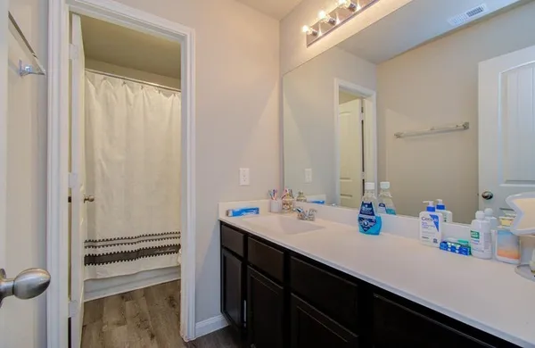 a bathroom with a sink a vanity and a mirror