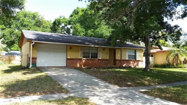 a view of a house with backyard and a tree