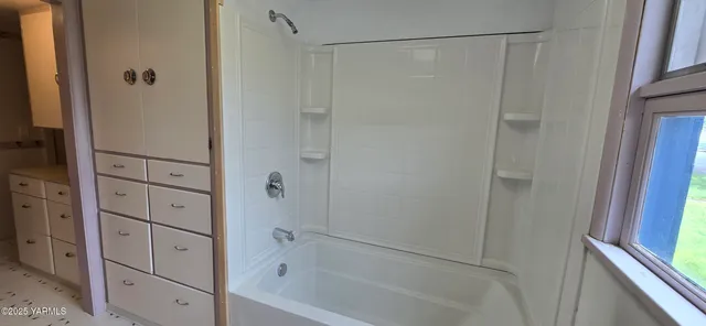 a bathroom with a bathtub and a shower