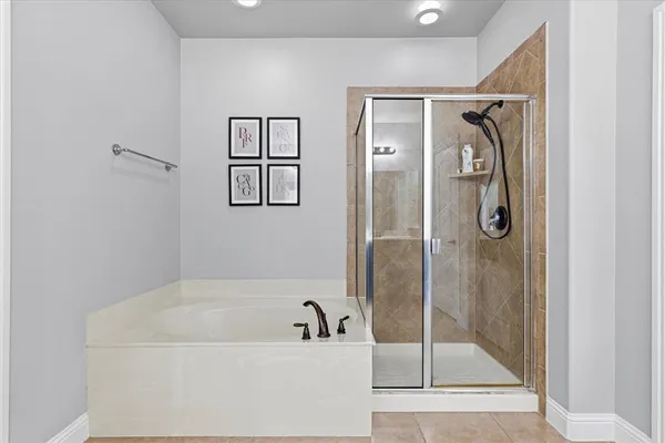 a bathroom with a bathtub and a shower