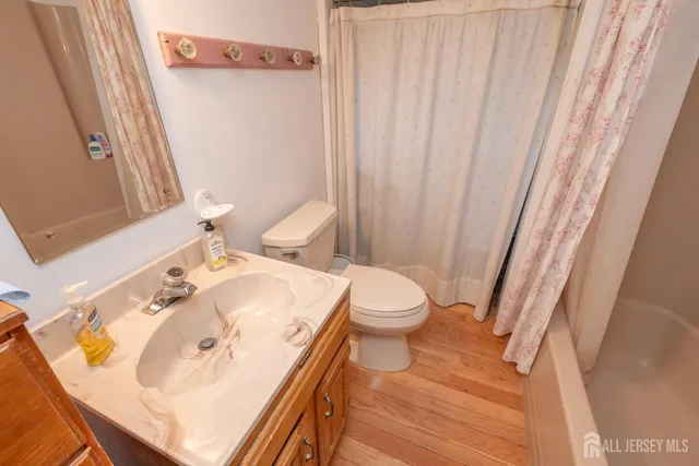 a bathroom with a sink a toilet and shower curtain