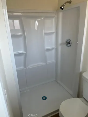 a bathroom with a shower and toilet