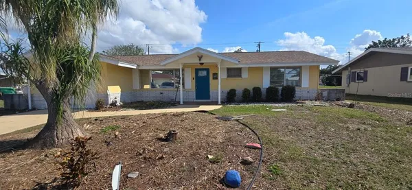 a front view of a house with a yard and potted plants