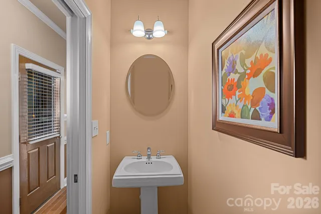 a bathroom with a sink mirror and vanity
