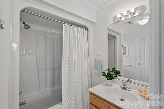 a bathroom with a sink a mirror and a shower