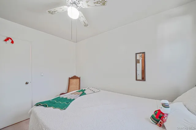 a bedroom with a bed a bookshelf and a potted plant