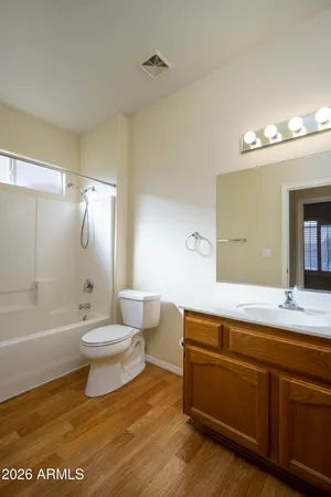 a bathroom with a sink a toilet a mirror and bathtub