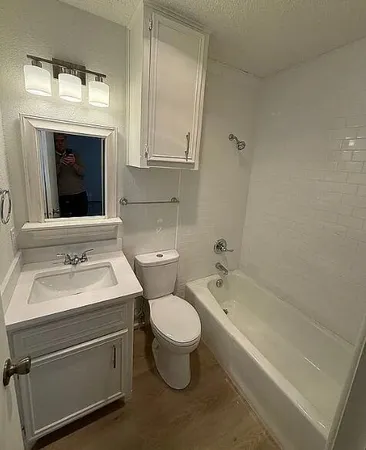 a bathroom with a sink toilet vanity and tub