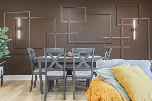 a view of a dining room with furniture