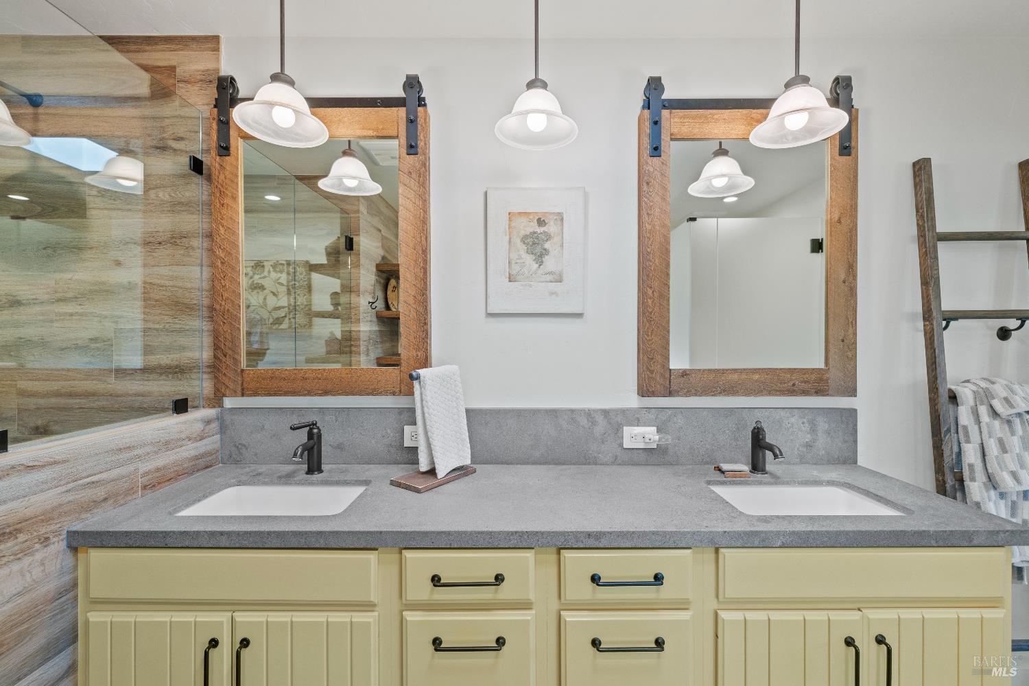 1389 Canyon Road Geyserville, CA 95441 - Photo 26 of 59 a bathroom with a granite countertop sink a large mirror and shower