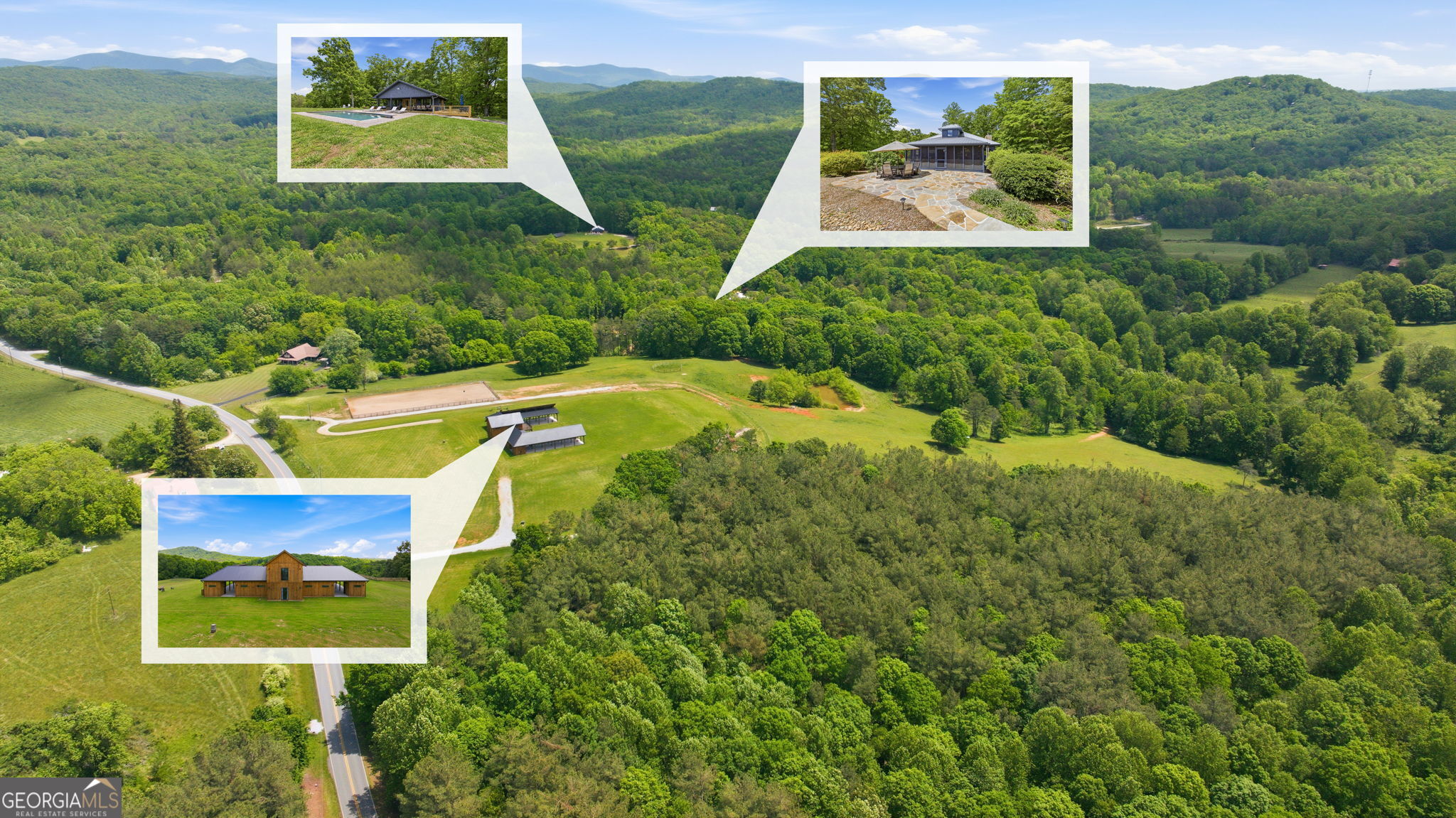 5134 Highway 17 Clarkesville, GA 30523 - Photo 75 of 96 Aerial view of the original homesite, guest cottage and new Event barn