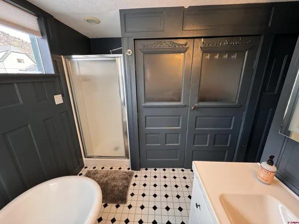 a bathroom with a sink and a shower