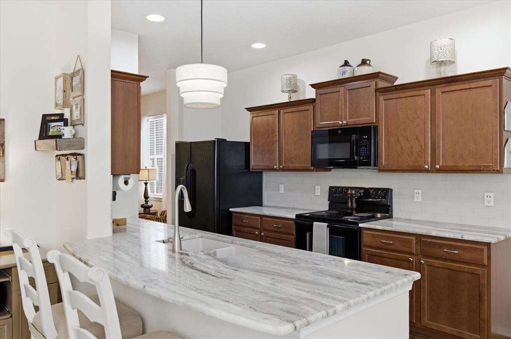 20900 Oldenburg Loop Mount Dora, FL 32757 - Photo 9 of 44 a kitchen with stainless steel appliances granite countertop a refrigerator a stove a sink dishwasher and a microwave with wooden floor