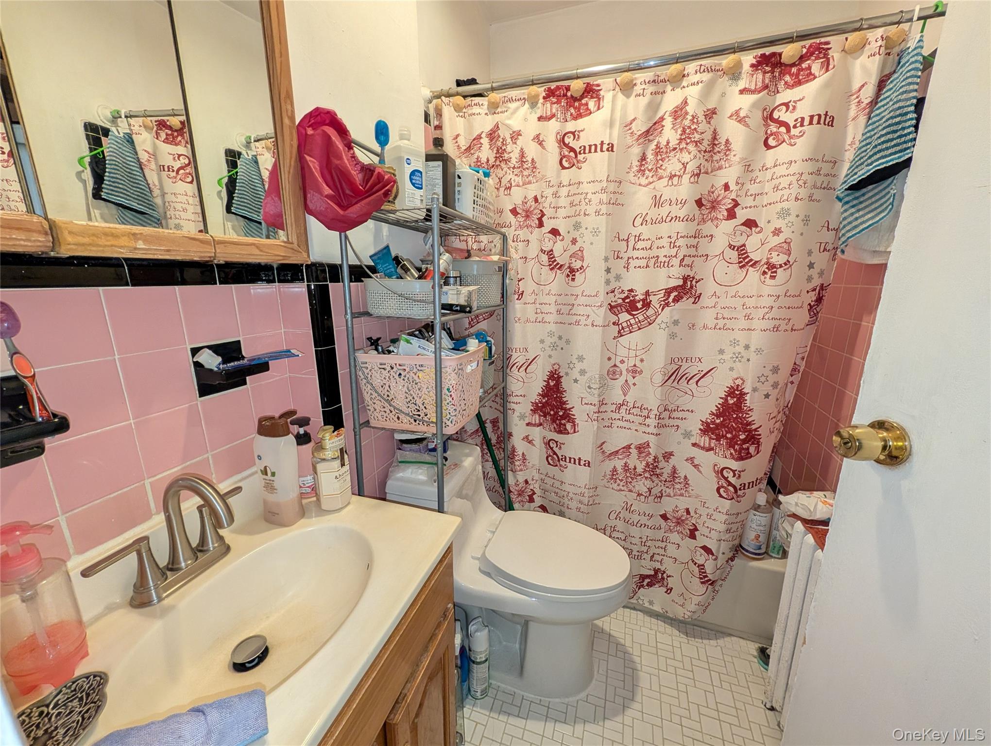 90-46 76th Street Queens, NY 11421 - Photo 16 of 32 a bathroom with a sink a toilet and shower curtain