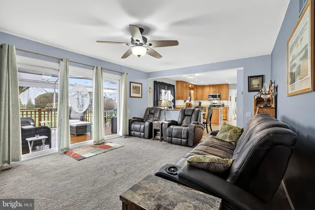 a living room with furniture ceiling fan and a rug