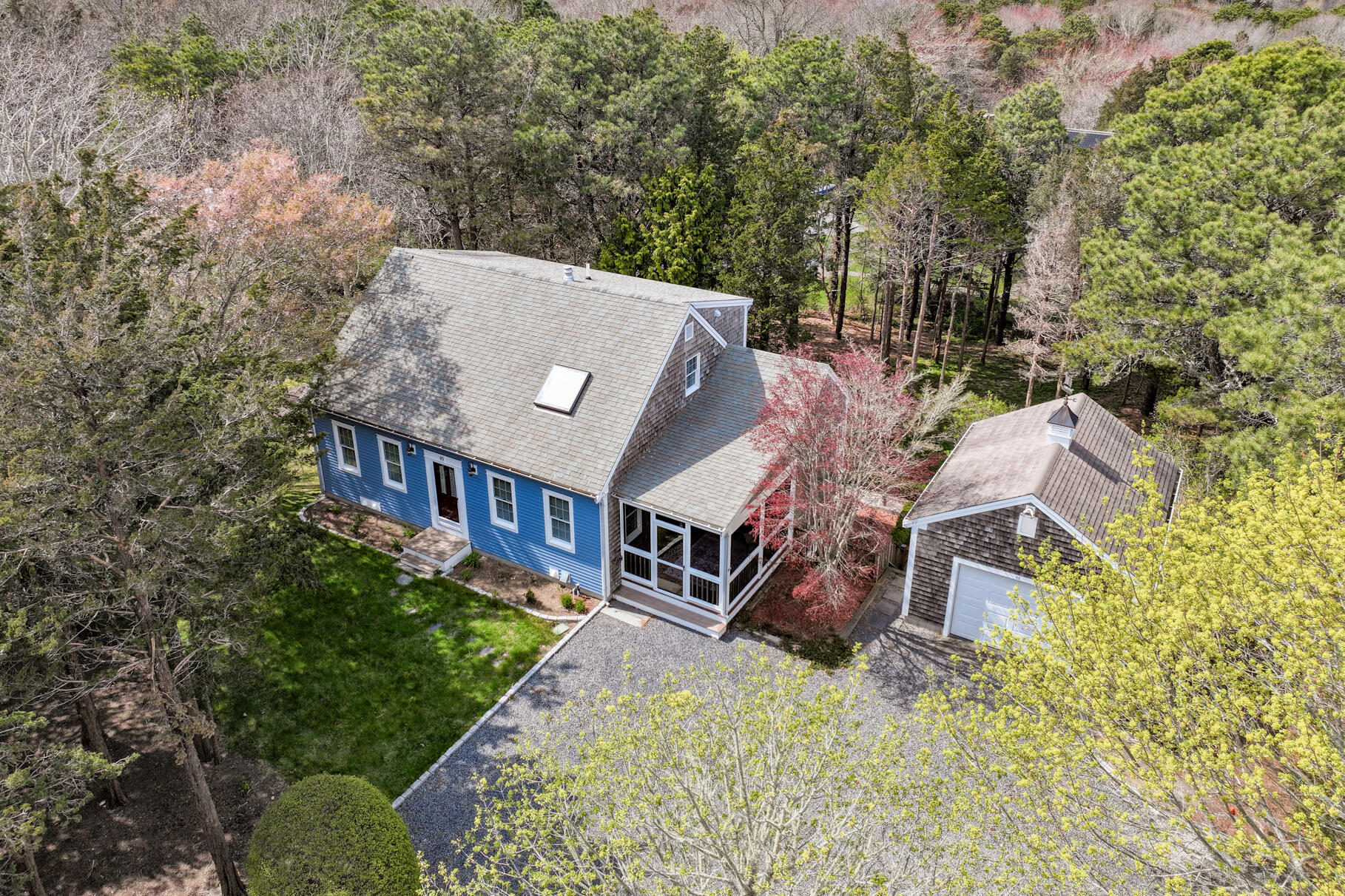 aerial view of a house with a yard and large trees