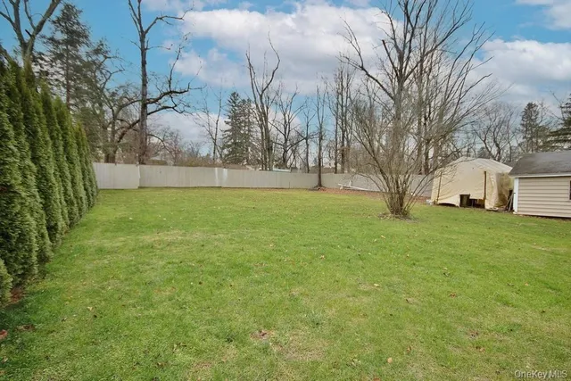 a view of a backyard with large trees