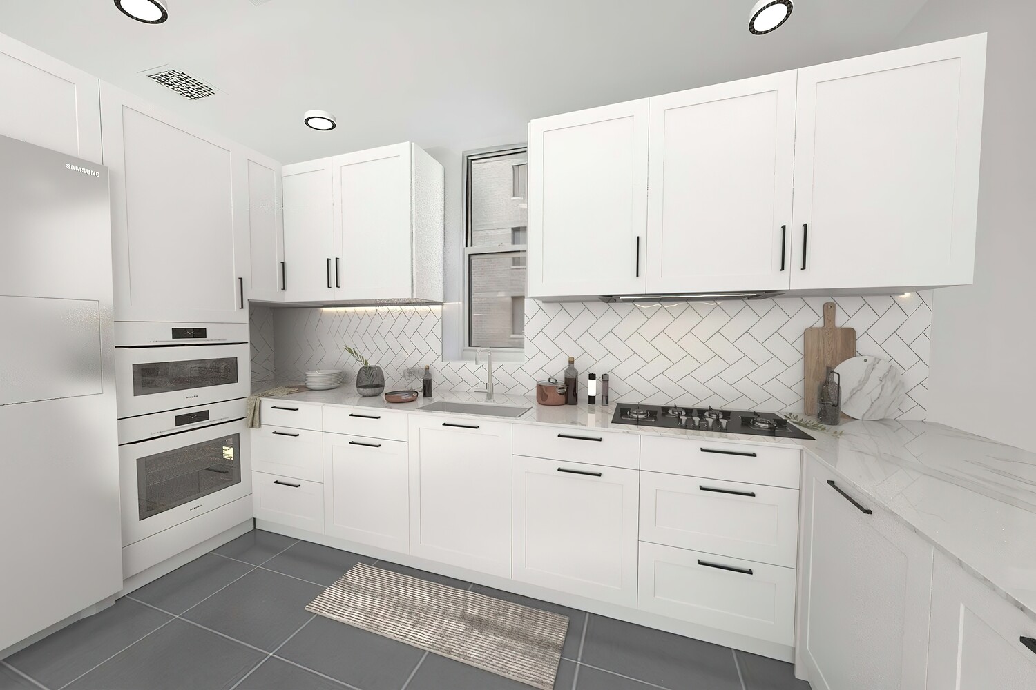 4 West 16th Street, Unit 7 Manhattan, NY 10011 - Photo 7 of 9 a kitchen with granite countertop white cabinets and white appliances