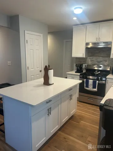 a kitchen with stainless steel appliances a sink stove and cabinets