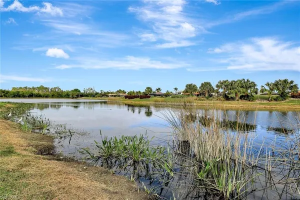 a view of a lake with houses in the back