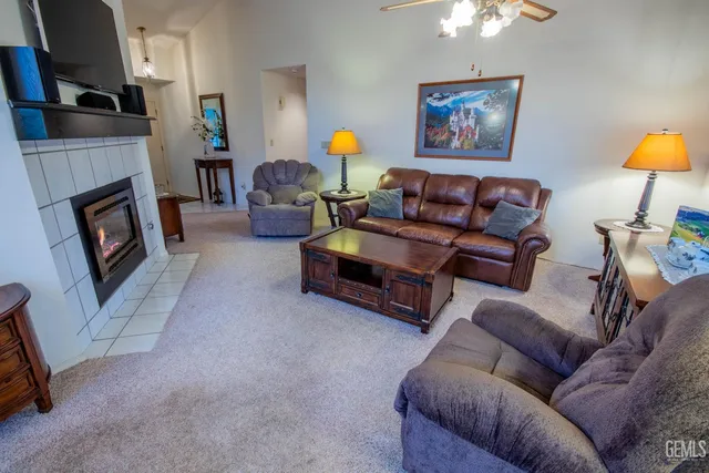 a living room with furniture and a fireplace