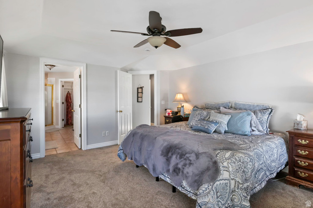 13176 Day Court Draper, UT 84020 - Photo 14 of 45 Bedroom with light carpet, a ceiling fan, and ensuite bathroom