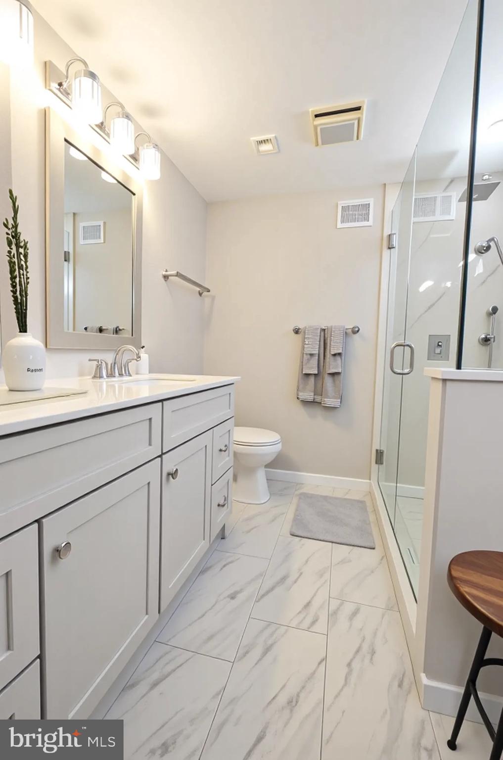 10601 Fiesta Road Fairfax, VA 22032 - Photo 45 of 58 a spacious bathroom with a sink a toilet a mirror a vanity and shower