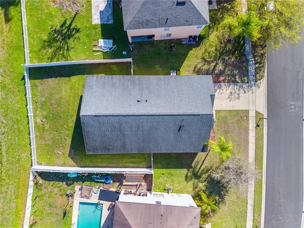 an aerial view of a pool a yard an outdoor space