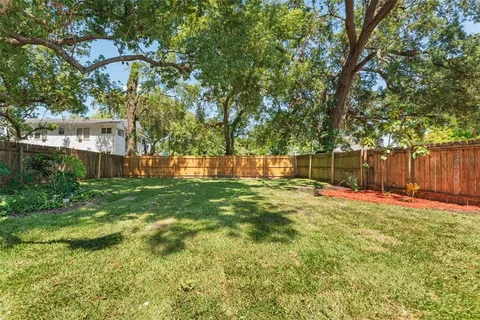 a view of backyard with wooden fence and a large tree