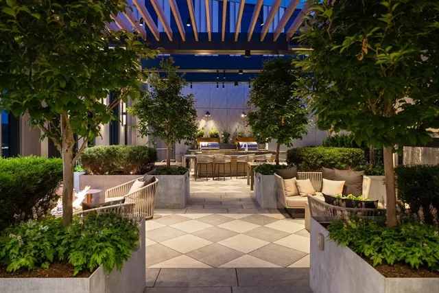 a view of a patio with table and chairs potted plants and large tree