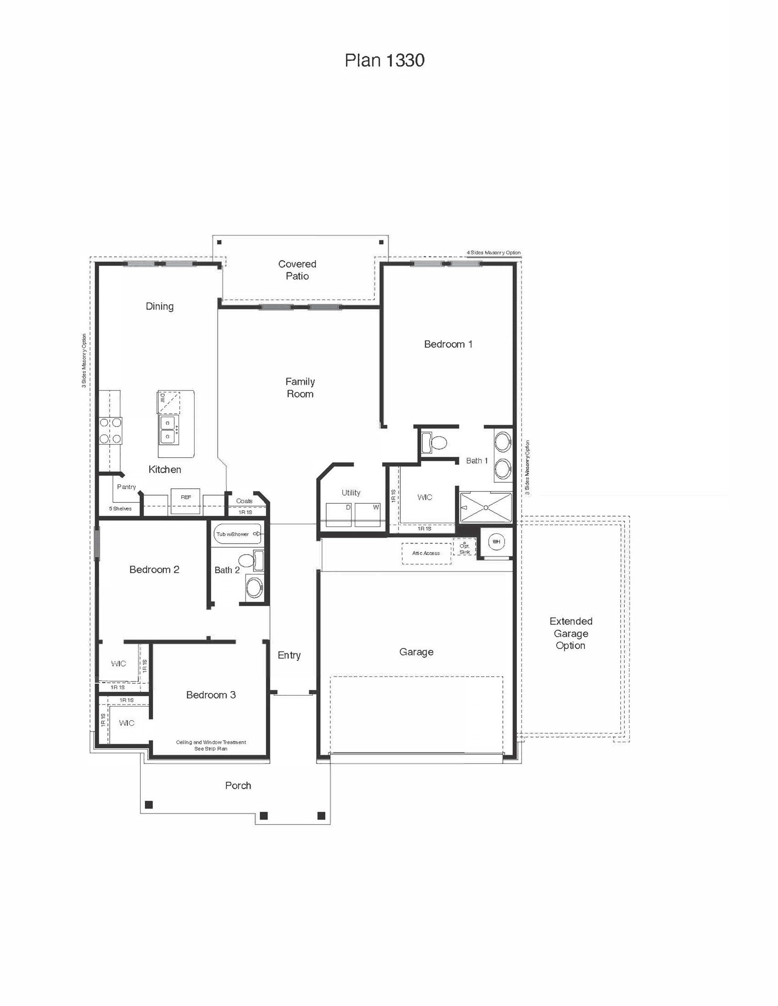 429 Creekfall Road Burnet, TX 78611 - Photo 28 of 28 Floor plan 1330 features a well-laid-out interior including a family room, kitchen, dining area, three bedrooms, and a garage.