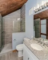 a bathroom with a granite countertop sink a toilet and shower