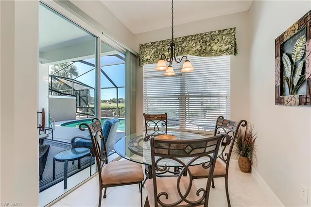 a view of a dining room with furniture window and outside view