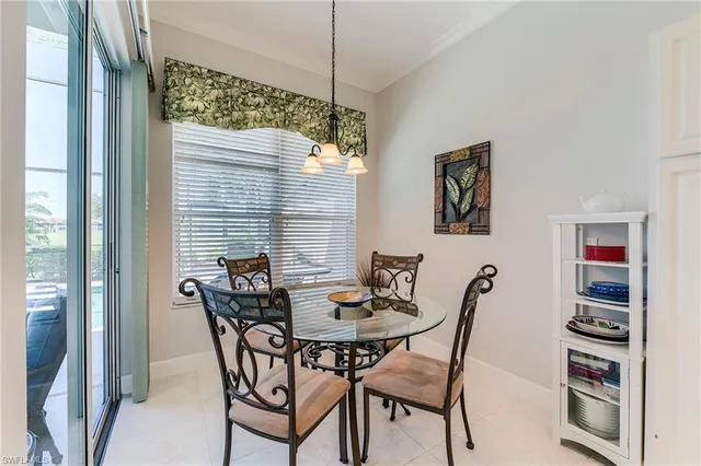a view of a dining room with furniture and window