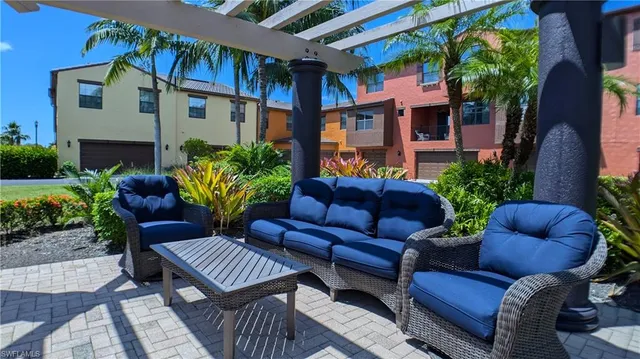 a building outdoor space with patio furniture