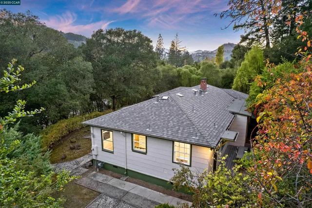 an aerial view of a house with a garden and a yard