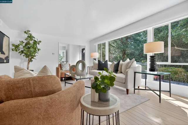 a living room with furniture a table and a potted plant