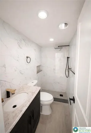 a bathroom with a sink a toilet and shower